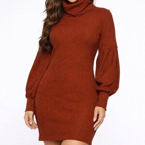 Fashion Nova Rust Brown Turtleneck Sweater Dress | Balloon Sleeves Size M | 33”